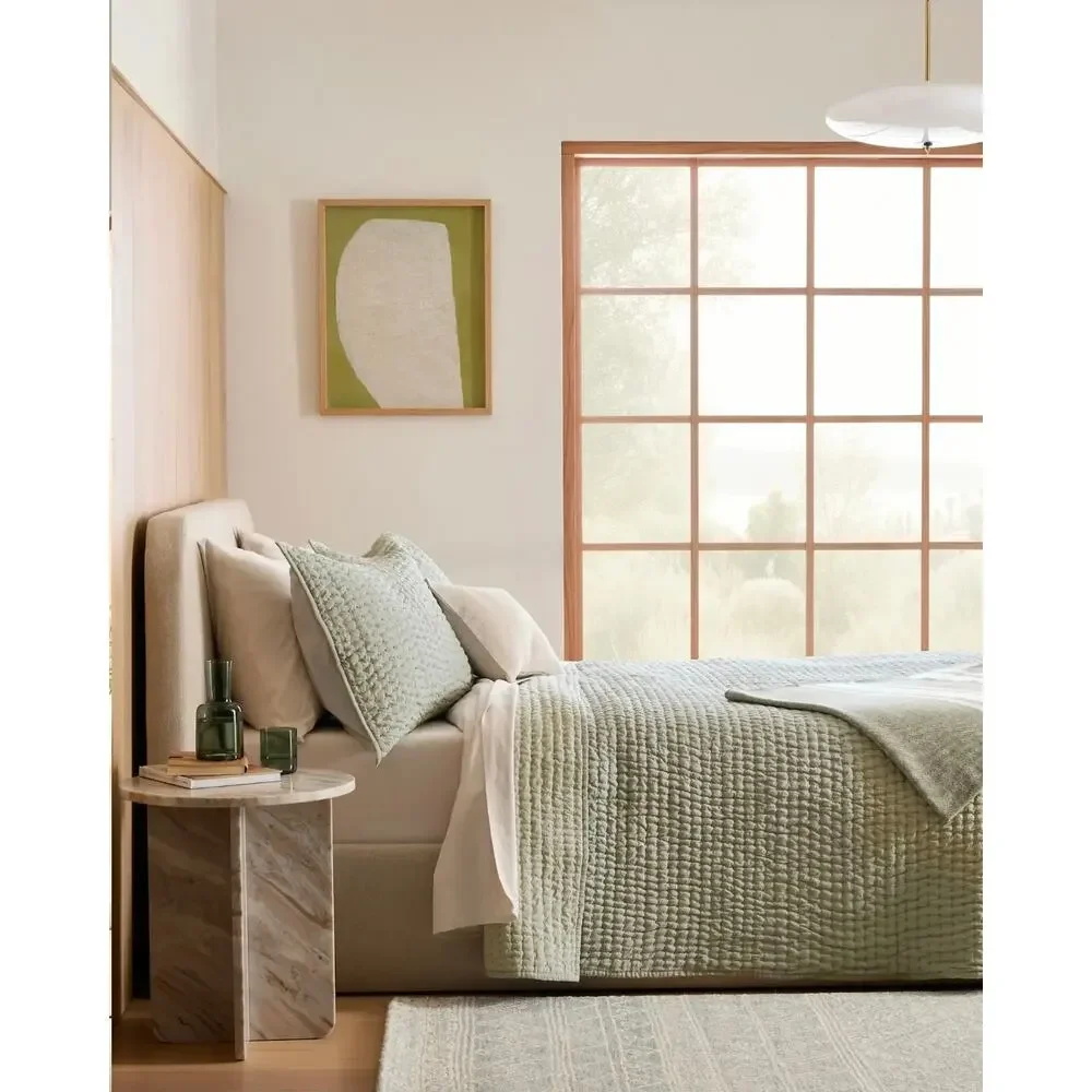 New Quince European Linen Cotton Stitch Quilt 3Pc Set Full Queen Sage $190 MSRP